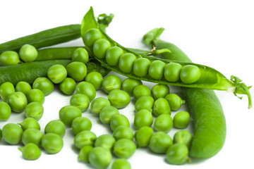 green pea pod, green peas, white background