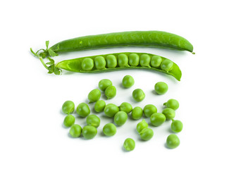 green pea pod, green peas, white background