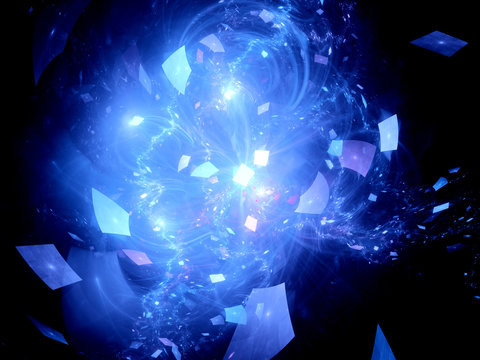 Blue glowing flying squares in deep space