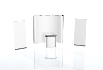 Trade exhibition stand, Exhibition Stand round, 3D rendering visualization of exhibition equipment, a set of stands, Advertising space on a white background, with space for text ads