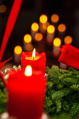 Close up of beautiful red christmas decoration with pine tree re