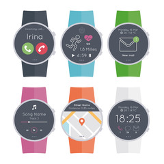 Set 6 different colors circular smart watch. Flat design style modern vector illustration concept of smartwatch gadget, phone calls, sms, mails, music media player, location, running...

