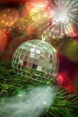 Close up of beautiful christmas decoration with silver and red b