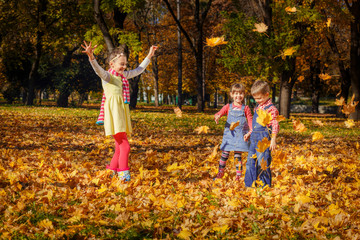 Siblings having fun in the park on a sunny autumn day