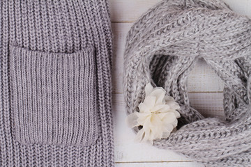 Female woman warm knit Sweater and  Scarf Neck warmer Circle Cowl . Cozy winter Fashion style accessories. Warmth concept