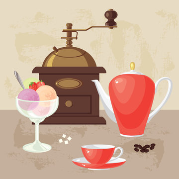 Coffee mill, coffee, sugar, teapot and cup. Balls of ice cream with strawberry and strawberry slice in glass cup.