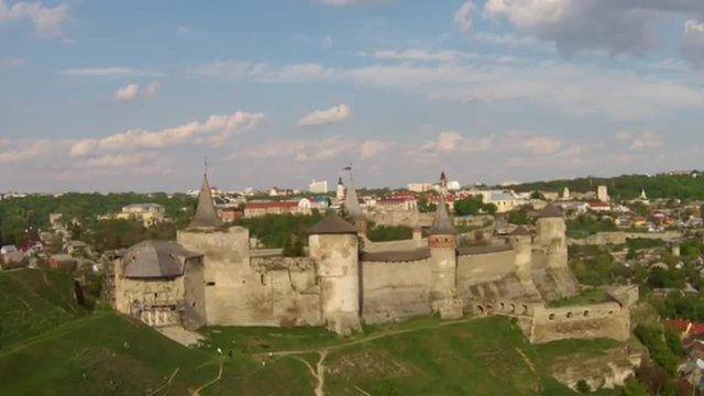 Medieval fortress (Aerial shot) Kamianets-Podilskyi Castle is a former Ruthenian-Lithuanian castle and a later three-part Polish fortress erected in the castle site