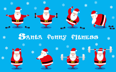 Vector set design elements funny Santa Claus different character does morning exercises with dumbbells and barbell isolated on blue background