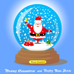 Vector Christmas Snow Globe with Santa Claus and big bag gifts on blue gradient background