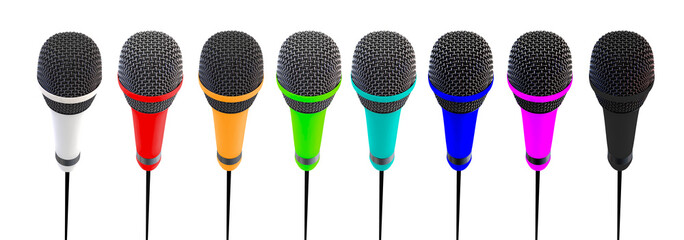 Several microphones aligned and colored. Microphones stand up.