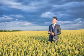 Businessman on a wheat field 