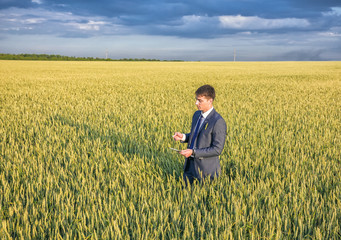 Naklejka na ściany i meble Businessman on a wheat field 