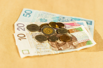 Polish money banknotes and coins top view