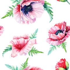 Seamless pattern of vector watercolor  pink poppies.