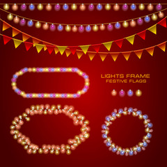 Set with frames of festive garlands, Bright lights and flags. Festive garland. Holiday background.