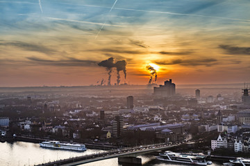 aerial of cologne in sunset