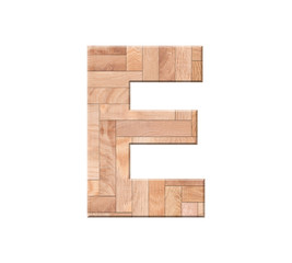 Wooden parquet alphabet letter symbol -E. Isolated on white background