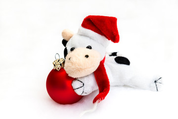 Christmas card: plush caw with christmas cap and scarf on the red glass ball