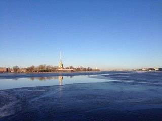 Melting ice of Neva, spring in Saint-Petersburg