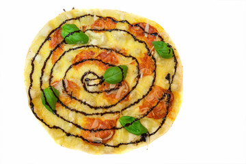 pizza with cheese, tomato , basil and sauce.