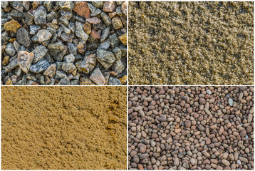 Texture loose materials: crushed stone (granite gravel), river sand, quarry sand (ravine...