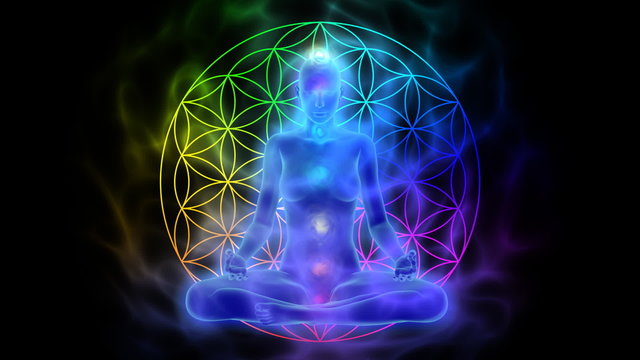 Meditation - aura, chakras, symbol flower of life