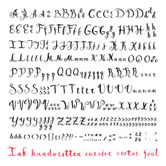 Handwritten vintage ink cursive vector alphabet (font) with different variants of writing the same letters, numbers and punctuation marks