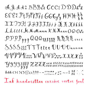 Handwritten vintage ink cursive vector alphabet (font) with different variants of writing the same letters, numbers and punctuation marks