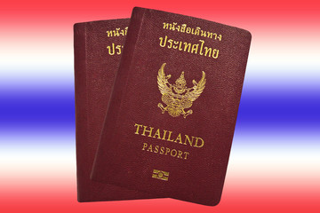 Thai passport on Thai flag background