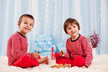 Two happy children eating cookies at christmas and drinking milk