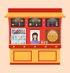 Obraz premium Showcase Shop of Fast Food with Seller