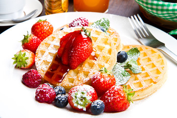 Homemade waffles with fruit