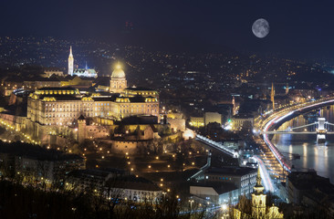 Night scene, illuminated palace architecture, cityscape of Budapest