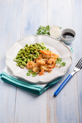shrimp with edamame beans and soy sauce