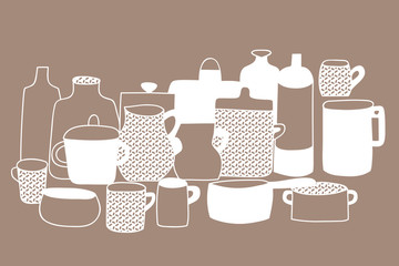 White outline sets of tableware on brown background