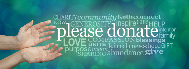 Please donate fund raising word cloud banner - wide banner with a woman's hands in an open cupped needy gesture with a word cloud surrounding the words PLEASE DONATE on a blue bokeh background 