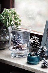 Christmas decorations - colored pine cones and flowers in glass