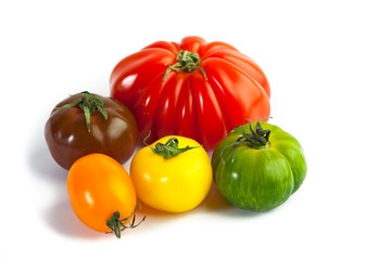 Different colors tomatos, Solanum lycopersicum, on white backgroung