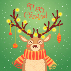 Christmas card Cute cartoon deer with garlands on the horns and scarf