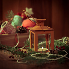 Holiday Decorations. Christmas background. Photo in retro style. Toned image.