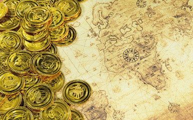 pirate golden coin on a old world map