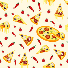Seamless pattern of pizza, chili peppers and tomatoes in a flat