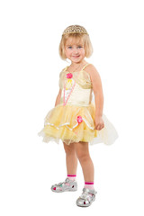  Little girl in a beautiful yellow dress and crown on white back