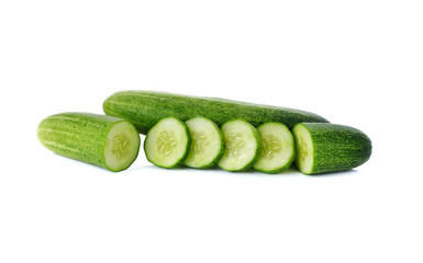 whole and sliced fresh cucumber on white background