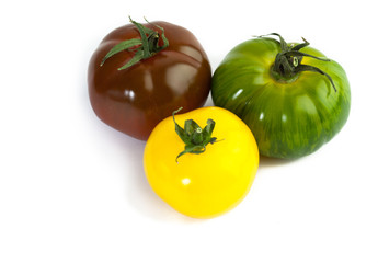 Different colors tomatos, Solanum lycopersicum, on white backgroung