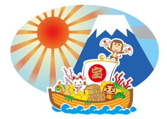 新春　宝舟と申と富士山