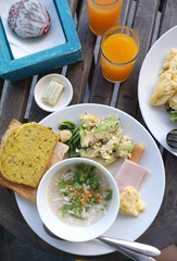 Chicken boiled rice with stir fried vegetable and homemade bread