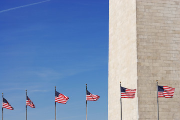 USA flags surround Washington Monument
