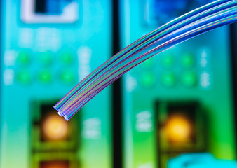 optical fibres dinamic flying from deep on technology background