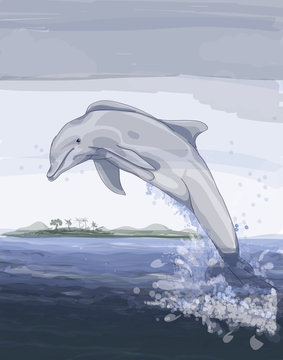 Digital painting artwork of a happy dolphin jumping out of the blue water